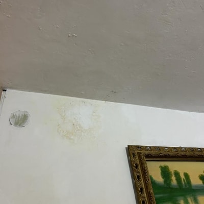 כתם רטיבות על קיר ליד תקרה ותמונה ממוסגרת