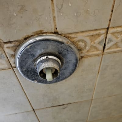 ברז מקלחת עם חלודה על אריחים