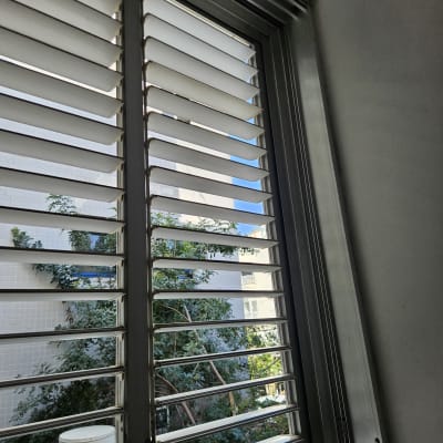 תריסים פתוחים עם נוף חיצוני של עצים ובניין