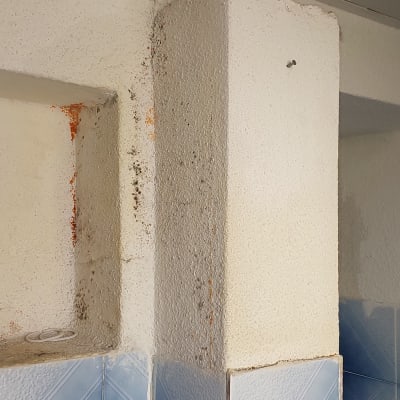 קיר עם אריחים כחולים ונזקי רטיבות