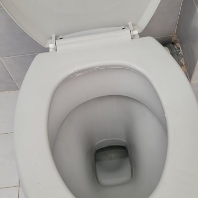 אסלה לבנה עם מכסה פתוח ורצפת אריחים