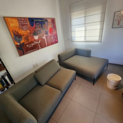 שני ספות אפורות בחדר עם תמונה על הקיר