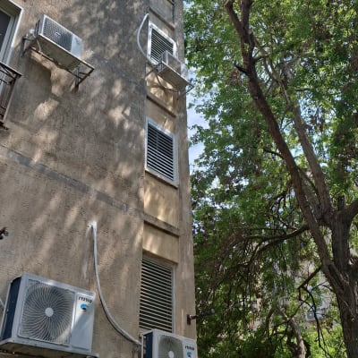 Tree branches near building with air conditioners