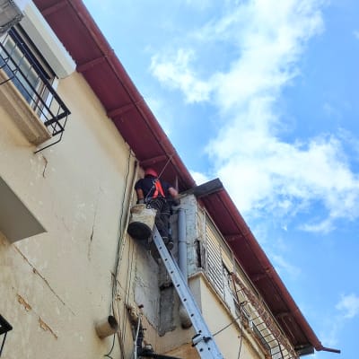 אדם על סולם ליד גג עם ציוד להסרת יונים