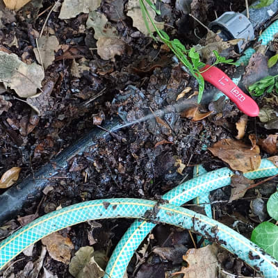 צינור מים עם דליפה באדמה, ברז אדום