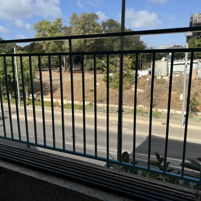 מעקה מתכת ירוק עם נוף חיצוני של עצים ושביל