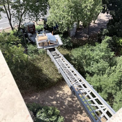 מנוף להובלת רהיטים ליד בניין ועצים