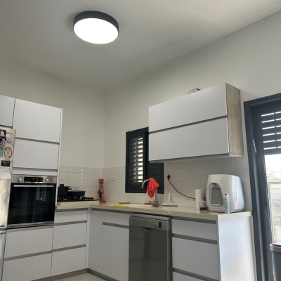 מטבח מודרני עם ארונות לבנים ומכשירי חשמל