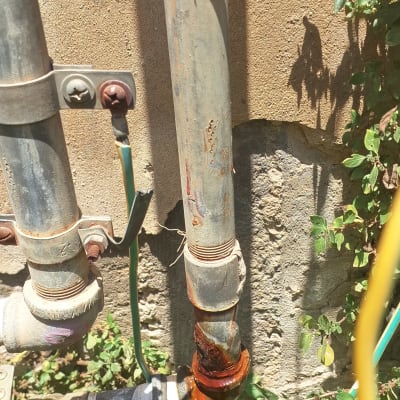 צינורות חלודים עם חיבורים, צמחייה ברקע