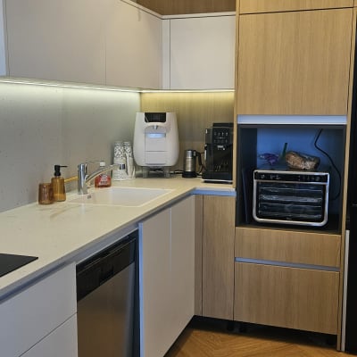 מטבח מאורגן עם מכשירי חשמל וצמחים