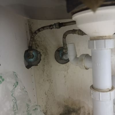 צנרת מתחת לכיור עם סימני רטיבות ועובש