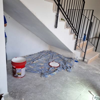 דלי צבע, מברשת, סולם, בד מגן על הרצפה