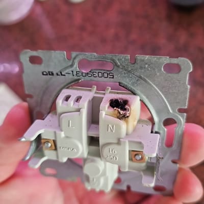 שקע חשמלי עם סימני שריפה ביד אדם