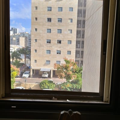 חלון עם תריסים פתוחים חלקית, נוף עירוני ברקע