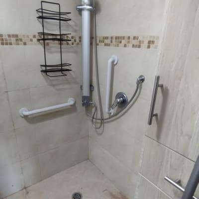 shower with grab bars and showerhead