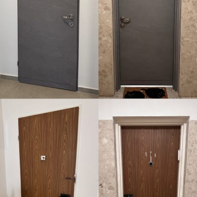 דלתות בציפוי עץ ואפור במסדרון
