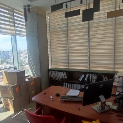 וילונות גלילה בהירים על חלונות משרד