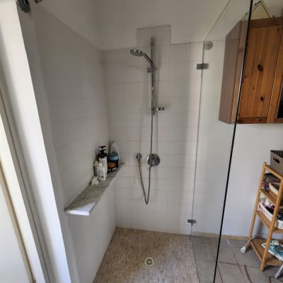 מקלחת עם ראש מקלחת, מדף עם מוצרי טיפוח