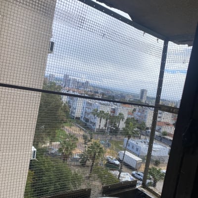 רשת מתכתית על חלון עם נוף עירוני ברקע