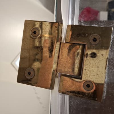 ציר מתכת חלוד על דלת זכוכית במקלחת