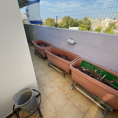 עציצים ריקים על מרפסת עם דלי מתכת