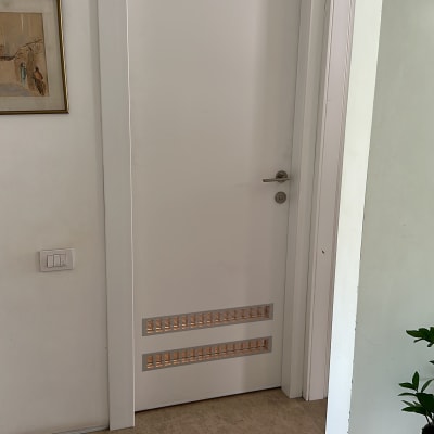 דלת לבנה עם ידית מתכת ופתחי אוורור