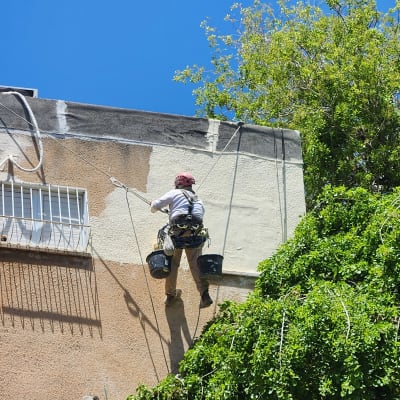 אדם צובע קיר חיצוני בעזרת חבלים ודליים
