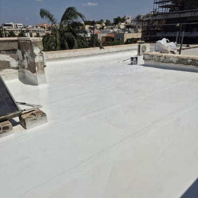 גג אטום בצבע לבן עם דלי ומברשת