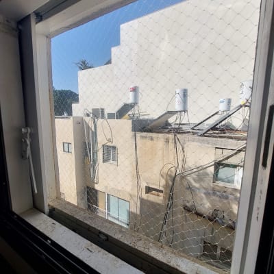 רשת יונים מותקנת על חלון למניעת כניסת יונים