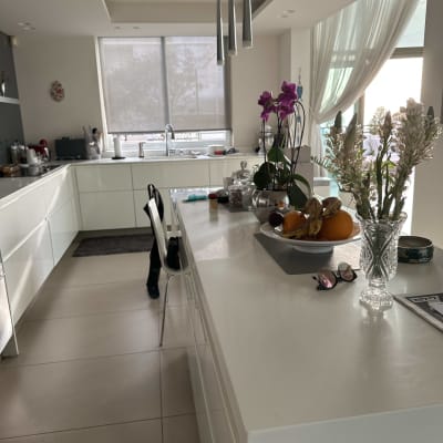 מטבח מודרני עם שולחן וכיסאות, אין סימנים למדביר