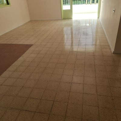 רצפה נקייה ומבריקה בחדר ריק עם חלון ודלת ירוקים