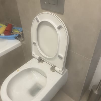 אסלה עם מכסה פתוח ולחצן הדחה על הקיר