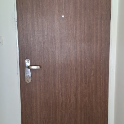 דלת עץ חומה עם ידית מתכת כסופה