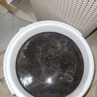 דלי עם מים כהים ליד רהיט קלוע