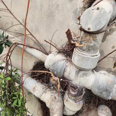 צינורות עם שורשים על קיר חיצוני