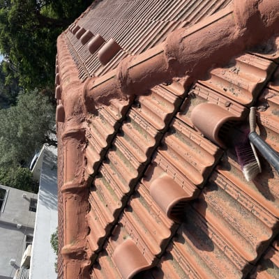 גג רעפים עם מברשת וכלי ניקוי