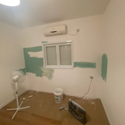 קיר צבוע חלקית בצבע ירוק עם דלי צבע ומברשת