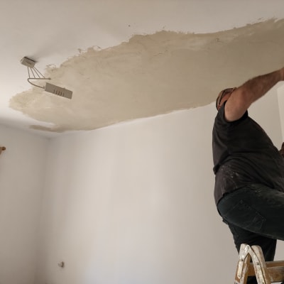 אדם צובע תקרה עם מברשת על סולם