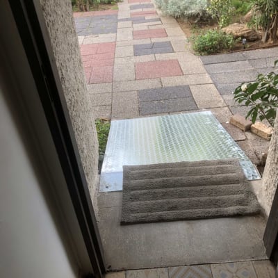 שביל מרוצף עם צמחייה ודלת פתוחה