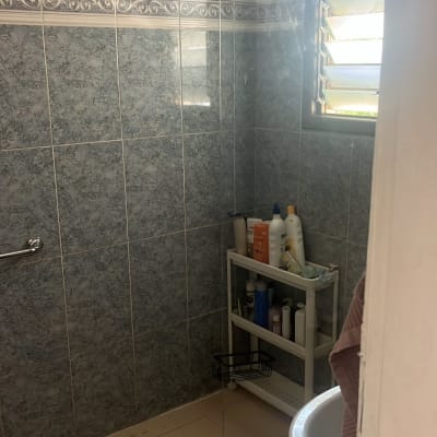 חדר אמבטיה עם מקלחון ומוצרי טיפוח