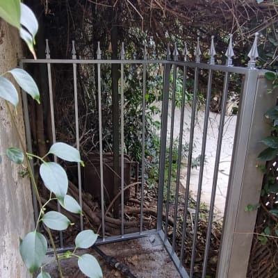 גדר מתכת עם קוצים בין קיר לצמחייה