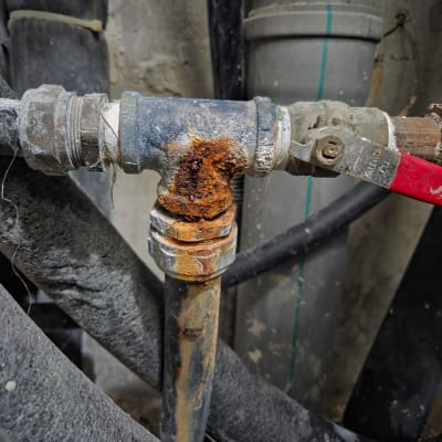 צינור חלוד עם ברז ומחברים בתחום האינסטלציה