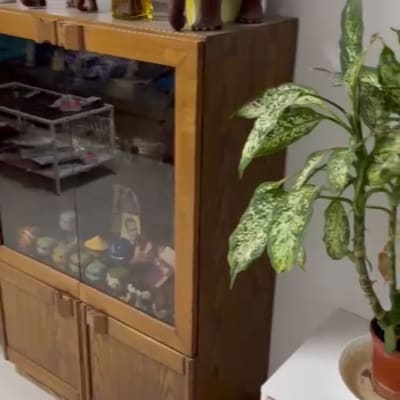 ארון עץ עם בקבוק ופסלים על גבי מדף