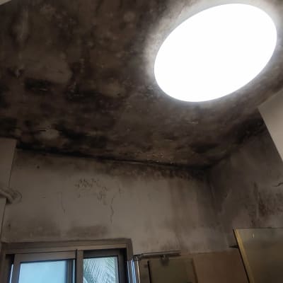 תקרה עם כתמי רטיבות ועובש סביב חלון עגול