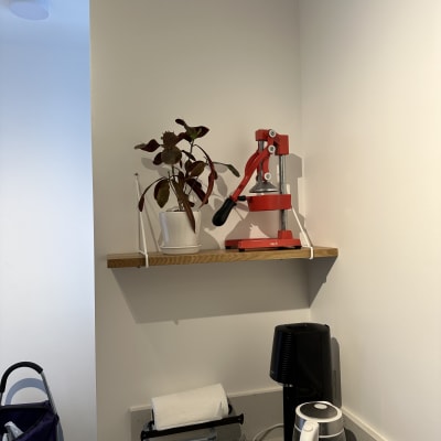 מכשיר סחיטה ידני אדום על מדף עץ