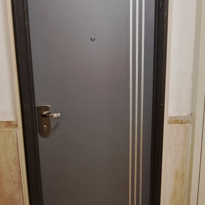 דלת אפורה עם ידית מתכת ופסים דקורטיביים