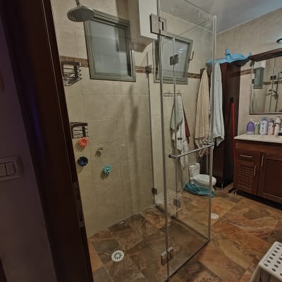 מקלחת עם דלת זכוכית, ראש מקלחת ומדף סבונים