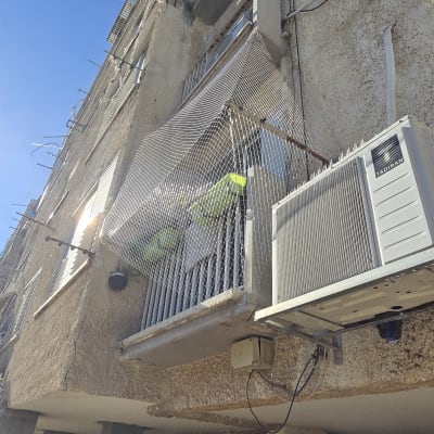 בניין עם רשת למניעת יונים וסולם