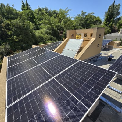 פאנלים סולאריים מותקנים על גג עם צמחייה ברקע