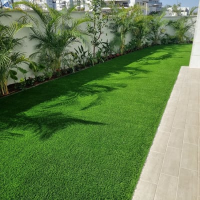 דשא ירוק, עצים ושיחים לאורך גדר לבנה